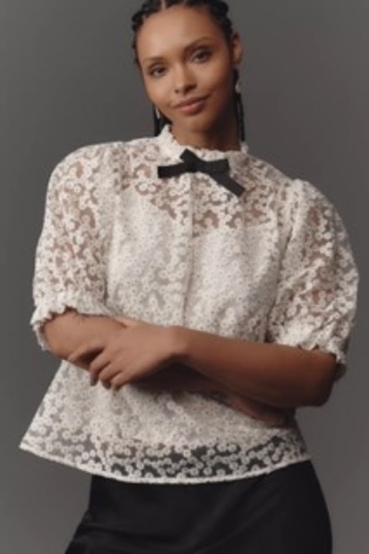 Anthropologie En Elly Puff Sleeve Bow Blouse White Size Xl Nwt